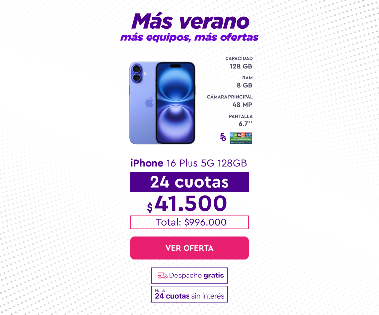 iPhone 16 Plus 5G 128GB, 24 cuotas de $41.500