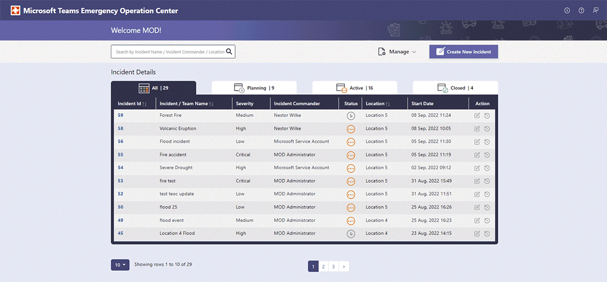 Microsoft Teams Emergency Operations Center screenshot