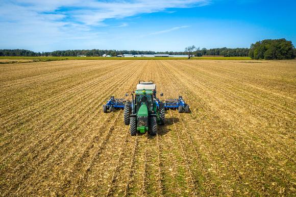 Tractor in a yellow wheat field with a vibrant blue sky in the background.