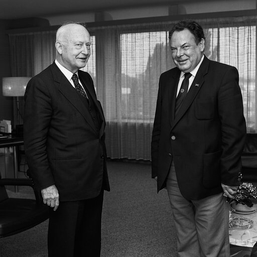 Pierre PFLIMLIN - EP President meets with journalist at the European Parliament in Strasbourg in June 1985