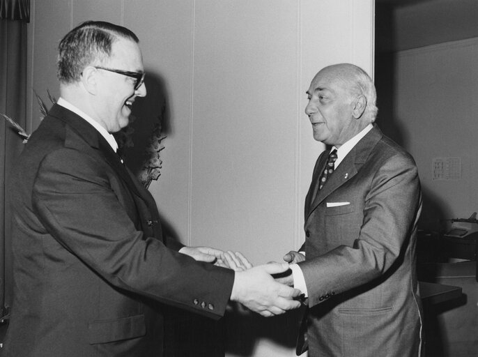 President of the EP Walter BEHRENDT welcomes the President of the France's National Assembly Achille PERETTI at the European Parliament in Strasbourg, France, July 5,1972.