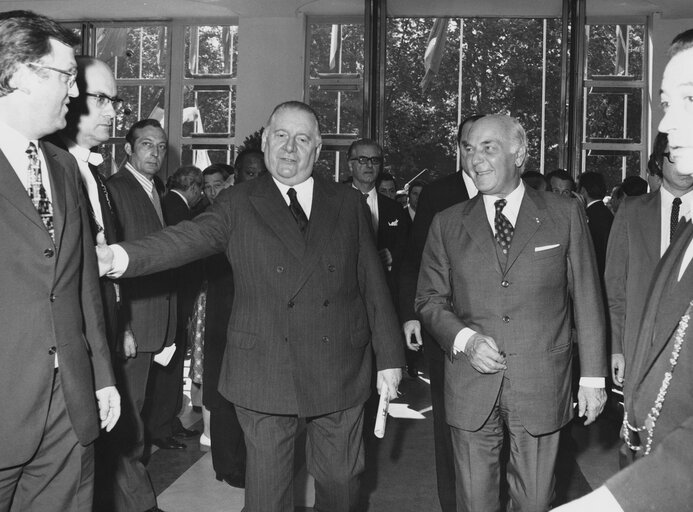 The MEP Alain POHER welcomes the President of the France's National Assembly Achille PERETTI (R) at the European Parliament in Strasbourg, France, July 5,1972