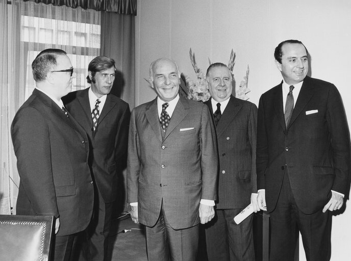 The President of the EP Walter BEHRENDT (L), the MEP Alain POHER (2R), during a visit of the President of the France's National Assembly Achille PERETTI (C) at the European Parliament in Strasbourg, France, July 5,1972