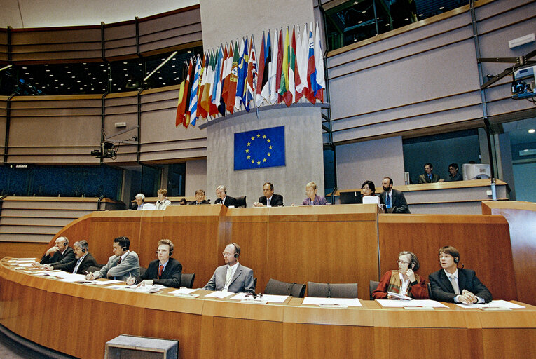 Harald ROMER, Pat COX EP President and Julian PRIESTLEY in Plenary Session in Brussels