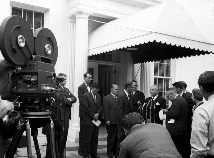 European President Gaetano MARTINO was interviewed by White House news correspondents following a conference with President Kennedy. President MARTINO was in the United States from October 21 to 26 1963 to discuss Atlantic affairs.