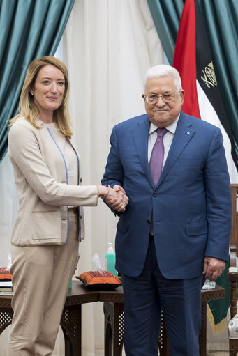 Official visit by Roberta METSOLA, EP President to Ramallah, West Bank: - Meeting with Mahmoud ABBAS, President of the Palestinian Authority