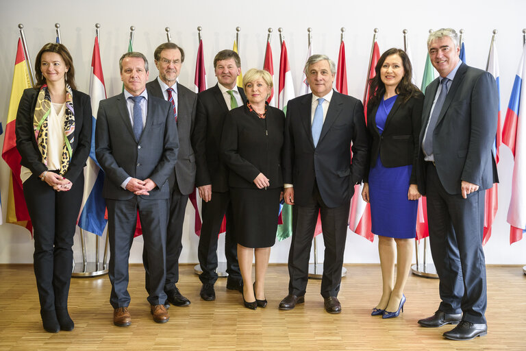 Visit of the President of the European Parliament to Slovenia - Family photo. Antonio TAJANI - EP President  poses for photo with Slovenian MEPs Tanja FAJON, Igor SOLTES, Lojze PETERLE, Franc BOGOVIC, Romana TOMC, Patricija SULIN and Milan ZVER after the inauguration ceremony of the new premises of the EU House in Ljubljana, Slovenia on March 3, 2017.