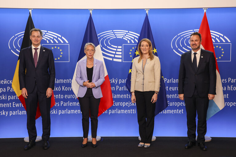 Roberta METSOLA, EP President, Elisabeth BORNE, French Prime Minister,  Alexander DE CROO, Belgian Prime Minister and  Xavier BETTEL, Luxembourg Prime Minister group photo ahead the solemn ceremony of the 70th anniversary of the European Parliament