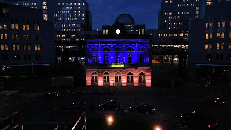 1000 days of Russia's invasion of Ukraine - European Parliament buildings lit up in the colors of the Ukrainian flag to mark the 1000 days of Russia's full-scale invasion of Ukraine