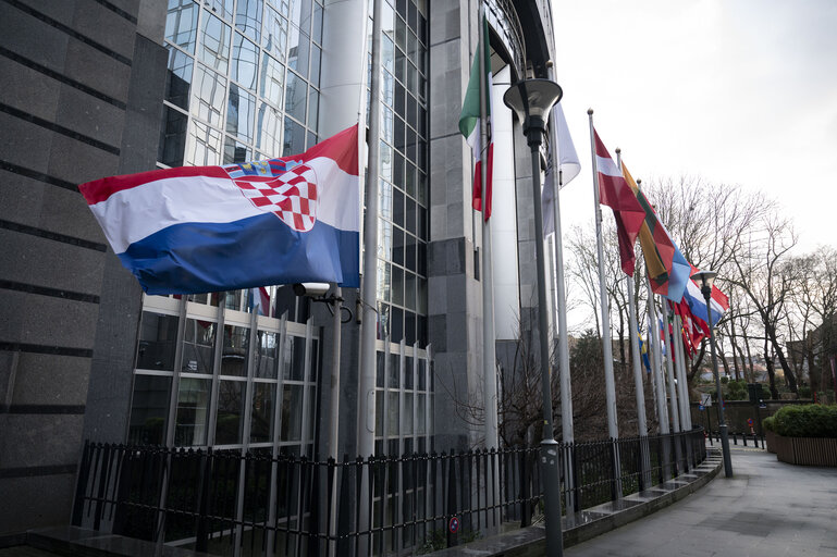 European, German, French and Croatian flags at half-mast in Brussels and in Strasbourg, as a sign of European solidarity and out of respect for the victims of the Christmas market attack in Magdeburg, Germany, the Chido Cyclone in Mayotte, France and the knife attack at an elementary school in Zagreb, Croatia