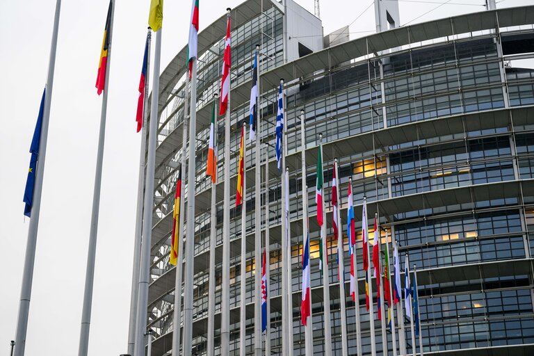 European, German, French and Croatian flags at half-mast in Brussels and in Strasbourg, as a sign of European solidarity and out of respect for the victims of the Christmas market attack in Magdeburg, Germany, the Chido Cyclone in Mayotte, France and the knife attack at an elementary school in Zagreb, Croatia