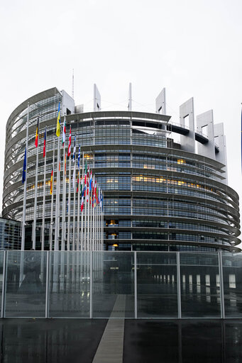 European, German, French and Croatian flags at half-mast in Brussels and in Strasbourg, as a sign of European solidarity and out of respect for the victims of the Christmas market attack in Magdeburg, Germany, the Chido Cyclone in Mayotte, France and the knife attack at an elementary school in Zagreb, Croatia