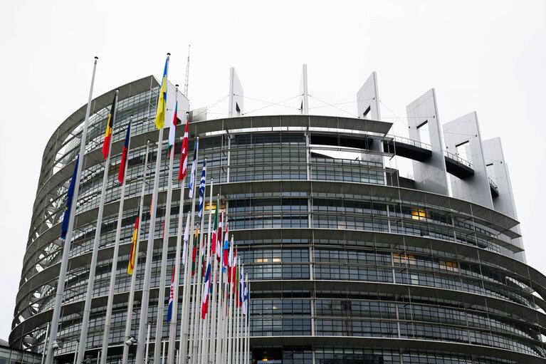 European, German, French and Croatian flags at half-mast in Brussels and in Strasbourg, as a sign of European solidarity and out of respect for the victims of the Christmas market attack in Magdeburg, Germany, the Chido Cyclone in Mayotte, France and the knife attack at an elementary school in Zagreb, Croatia