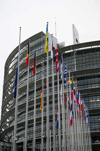 European, German, French and Croatian flags at half-mast in Brussels and in Strasbourg, as a sign of European solidarity and out of respect for the victims of the Christmas market attack in Magdeburg, Germany, the Chido Cyclone in Mayotte, France and the knife attack at an elementary school in Zagreb, Croatia