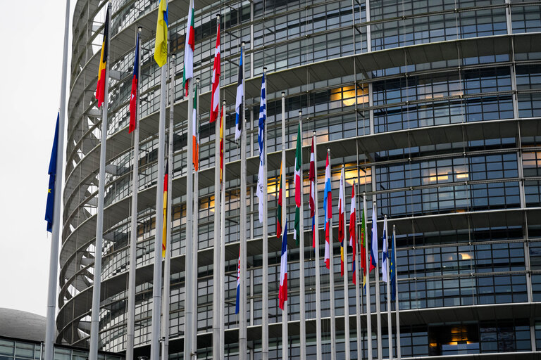 European, German, French and Croatian flags at half-mast in Brussels and in Strasbourg, as a sign of European solidarity and out of respect for the victims of the Christmas market attack in Magdeburg, Germany, the Chido Cyclone in Mayotte, France and the knife attack at an elementary school in Zagreb, Croatia