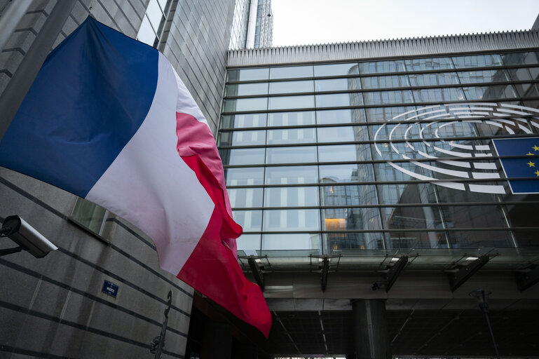 European, German, French and Croatian flags at half-mast in Brussels and in Strasbourg, as a sign of European solidarity and out of respect for the victims of the Christmas market attack in Magdeburg, Germany, the Chido Cyclone in Mayotte, France and the knife attack at an elementary school in Zagreb, Croatia