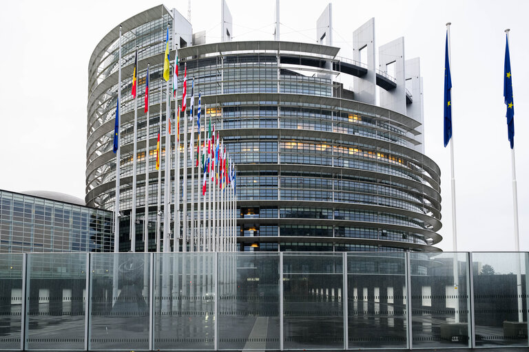 European, German, French and Croatian flags at half-mast in Brussels and in Strasbourg, as a sign of European solidarity and out of respect for the victims of the Christmas market attack in Magdeburg, Germany, the Chido Cyclone in Mayotte, France and the knife attack at an elementary school in Zagreb, Croatia