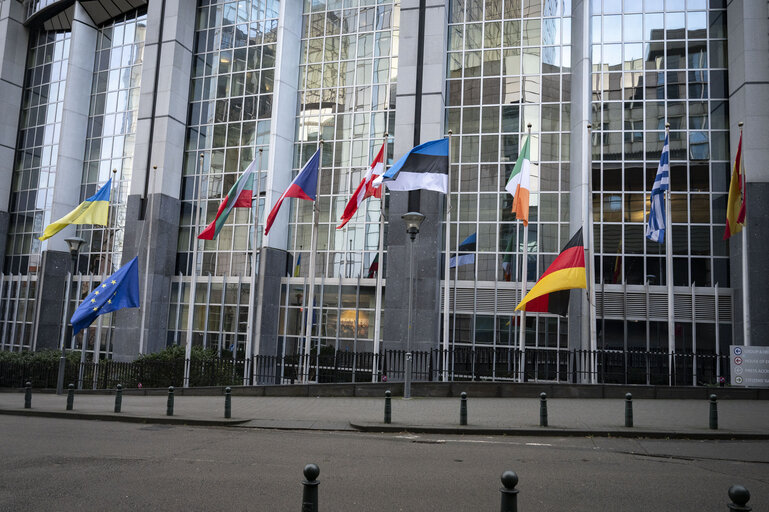 European, German, French and Croatian flags at half-mast in Brussels and in Strasbourg, as a sign of European solidarity and out of respect for the victims of the Christmas market attack in Magdeburg, Germany, the Chido Cyclone in Mayotte, France and the knife attack at an elementary school in Zagreb, Croatia