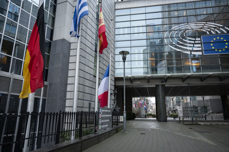 European, German, French and Croatian flags at half-mast in Brussels and in Strasbourg, as a sign of European solidarity and out of respect for the victims of the Christmas market attack in Magdeburg, Germany, the Chido Cyclone in Mayotte, France and the knife attack at an elementary school in Zagreb, Croatia