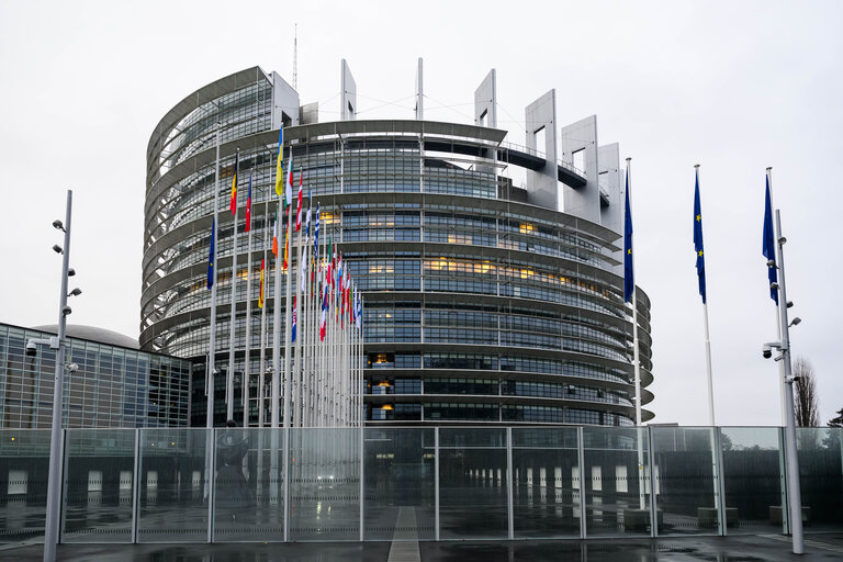 European, German, French and Croatian flags at half-mast in Brussels and in Strasbourg, as a sign of European solidarity and out of respect for the victims of the Christmas market attack in Magdeburg, Germany, the Chido Cyclone in Mayotte, France and the knife attack at an elementary school in Zagreb, Croatia