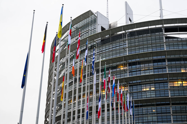 European, German, French and Croatian flags at half-mast in Brussels and in Strasbourg, as a sign of European solidarity and out of respect for the victims of the Christmas market attack in Magdeburg, Germany, the Chido Cyclone in Mayotte, France and the knife attack at an elementary school in Zagreb, Croatia