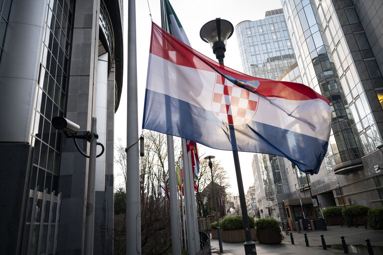 European, German, French and Croatian flags at half-mast in Brussels and in Strasbourg, as a sign of European solidarity and out of respect for the victims of the Christmas market attack in Magdeburg, Germany, the Chido Cyclone in Mayotte, France and the knife attack at an elementary school in Zagreb, Croatia