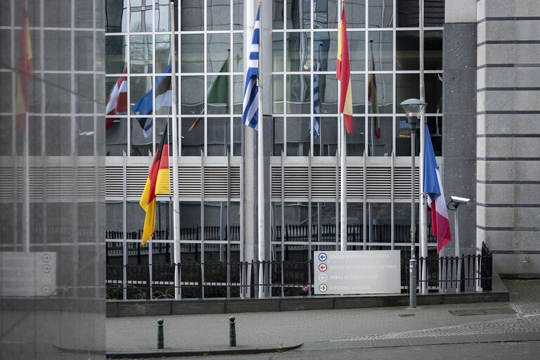 European, German, French and Croatian flags at half-mast in Brussels and in Strasbourg, as a sign of European solidarity and out of respect for the victims of the Christmas market attack in Magdeburg, Germany, the Chido Cyclone in Mayotte, France and the knife attack at an elementary school in Zagreb, Croatia