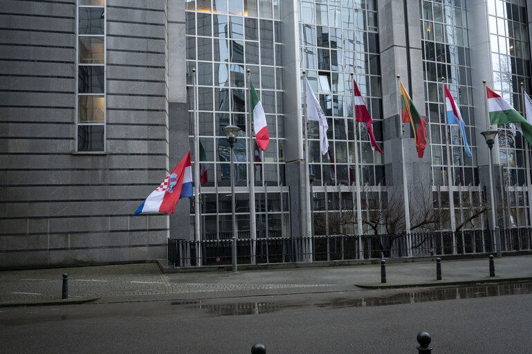 European, German, French and Croatian flags at half-mast in Brussels and in Strasbourg, as a sign of European solidarity and out of respect for the victims of the Christmas market attack in Magdeburg, Germany, the Chido Cyclone in Mayotte, France and the knife attack at an elementary school in Zagreb, Croatia