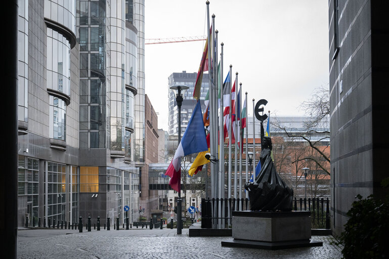 European, German, French and Croatian flags at half-mast in Brussels and in Strasbourg, as a sign of European solidarity and out of respect for the victims of the Christmas market attack in Magdeburg, Germany, the Chido Cyclone in Mayotte, France and the knife attack at an elementary school in Zagreb, Croatia