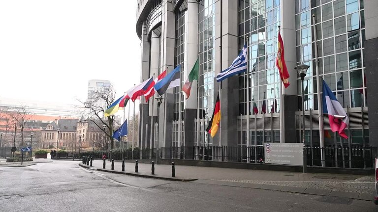 European, German, Croatian and French flags at half-mast in front of the European Parliament buildings in Brussels and Strasbourg for the victims of the attack in Magdeburg, the Chido Cyclone in Mayotte and the knife attack in Zagreb