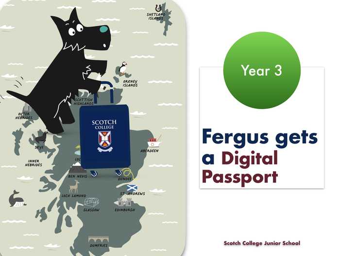 Cartoon image of a mascot of a black Scottish Highland Terrier with a suitcase standing on top of a map of Scotland. 