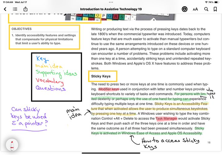 A document on alternative keyboards that illustrates annotation of supporting points, vocabulary and questions.