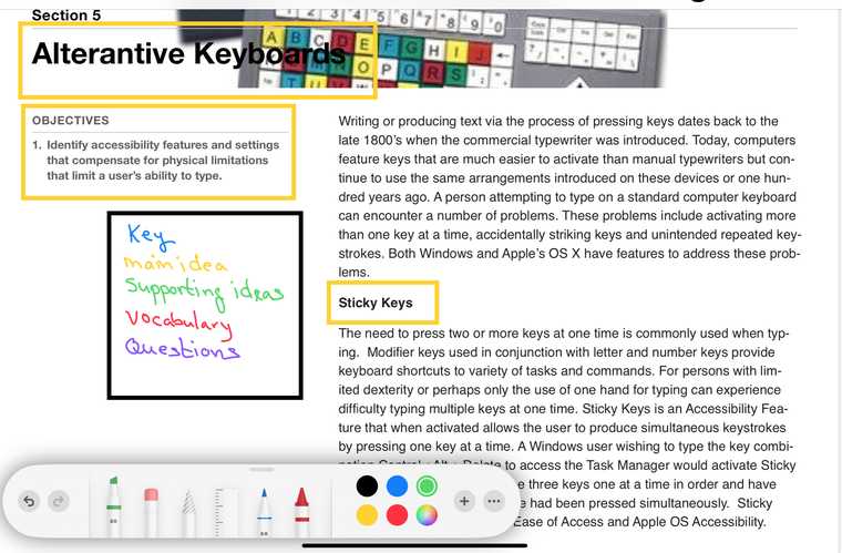 A document on alternative keyboards that illustrates an annotation of the topic of the article