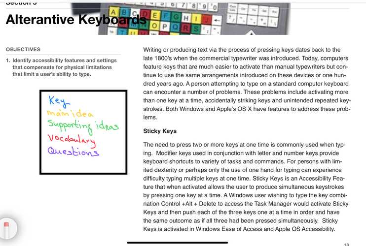 A document on alternative keyboards that illustrates an annotation key