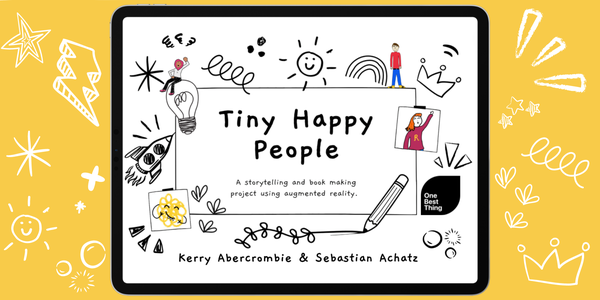 Font cover of the Tiny Happy People eBook with a yellow background with lots of doodles.