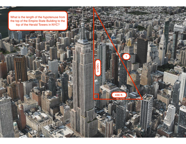 The Empire State Building with a triangle showing the distance between two buildings, the height, and missing hypotenuse