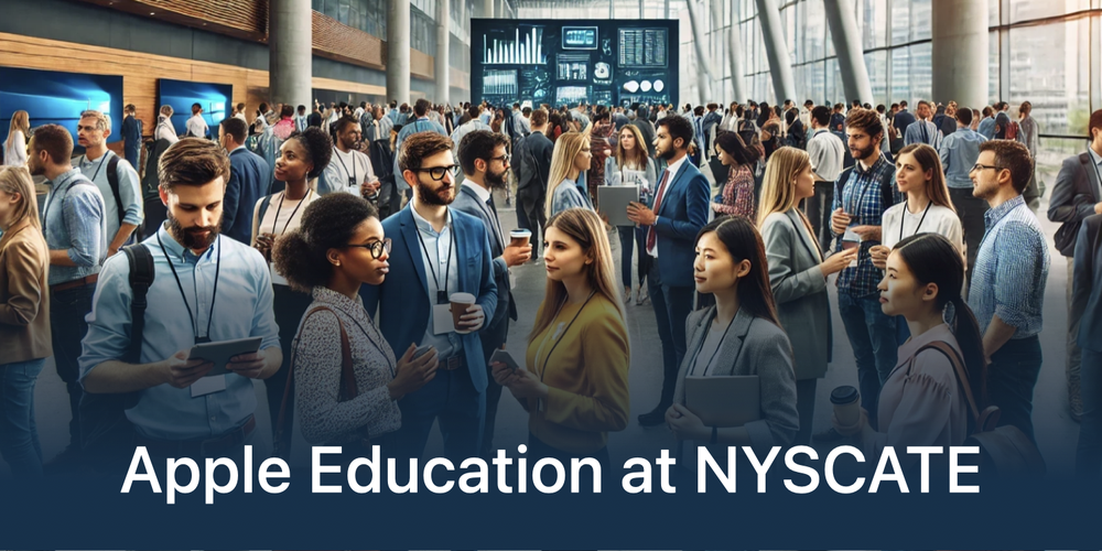 A diverse group of conference attendees with an overlay of "Apple Education at NYSCATE"