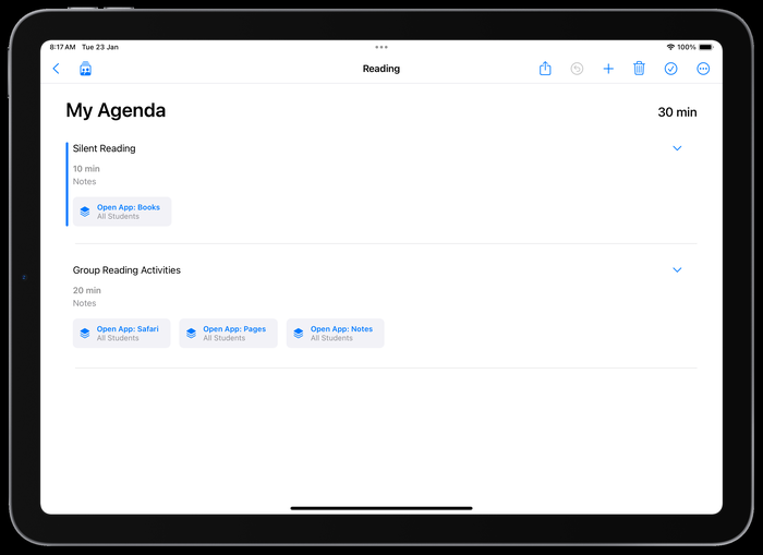 Screenshot of a sample Apple classroom agendas.