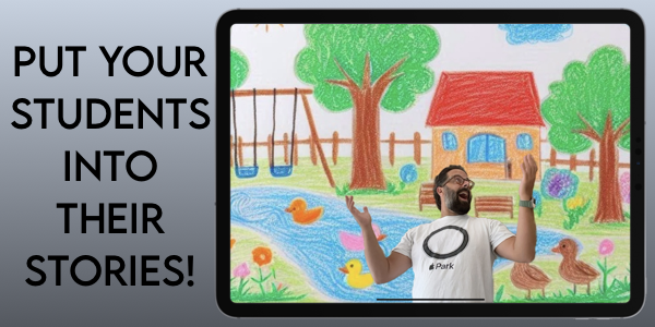 Shows an example of a drawn background with a person added with live video.   "Put your students into their stories"