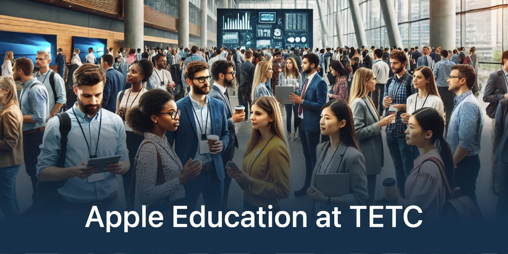 A diverse group of conference attendees with an overlay of "Apple Education at TETC"