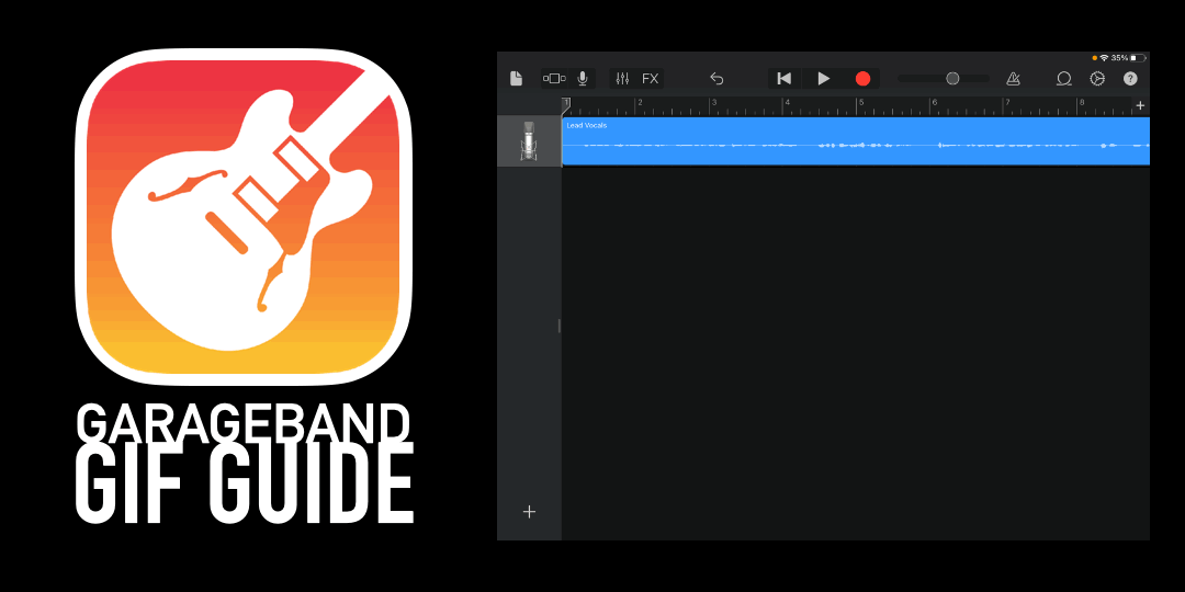 GarageBand GIF Guide title with a sample GIF showing how to split a voice track