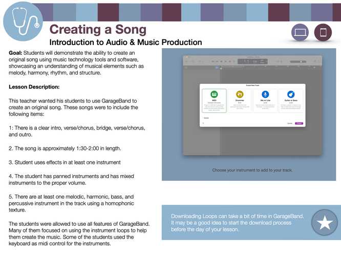 Sample book page with a screenshot from GarageBand and a lesson description