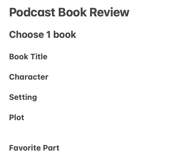 screenshot of notes app: book review outline