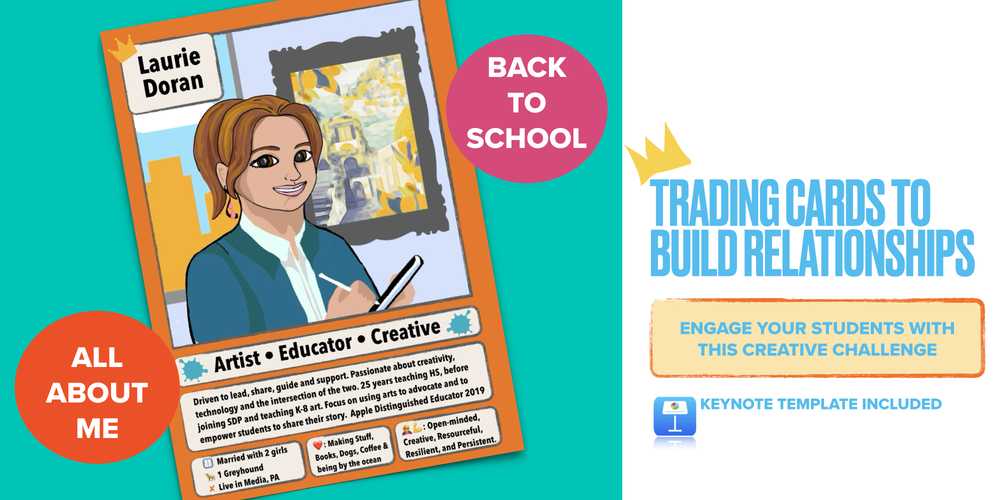 Image of a Trading Card with Back to School and About me in colorful circles around it. Title and Keynote icon on right.