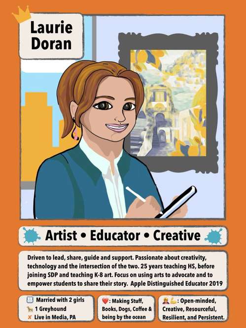 Trading card contains a drawn image of a person, just a headshot. Below are facts about the person. 