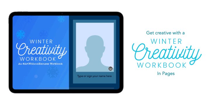 GIF shows screenshots of a winter creativity workbook, with text encouraging teachers to get creative with 12 activities