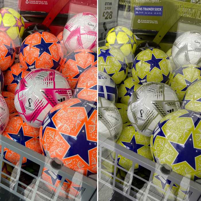 Side by side view of footballs through the eyes of a colour blind person