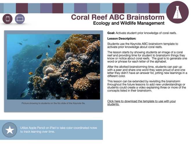 An image of an underground coral reef with fish swimming about on the left side of the page with directions for the activity.