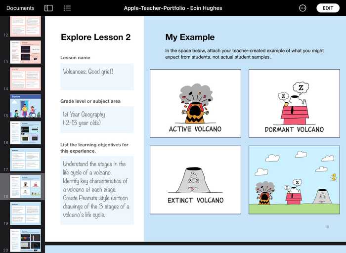 Apple Teacher Portfolio Explore lesson 2 screenshot. Includes the lesson name, learning objectives & lesson example images. 