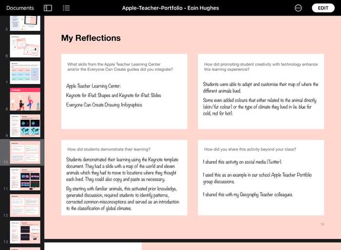 Apple Teacher Portfolio Activate lesson 1 screenshot. Includes reflections on skills, and how it promoted student creativity.